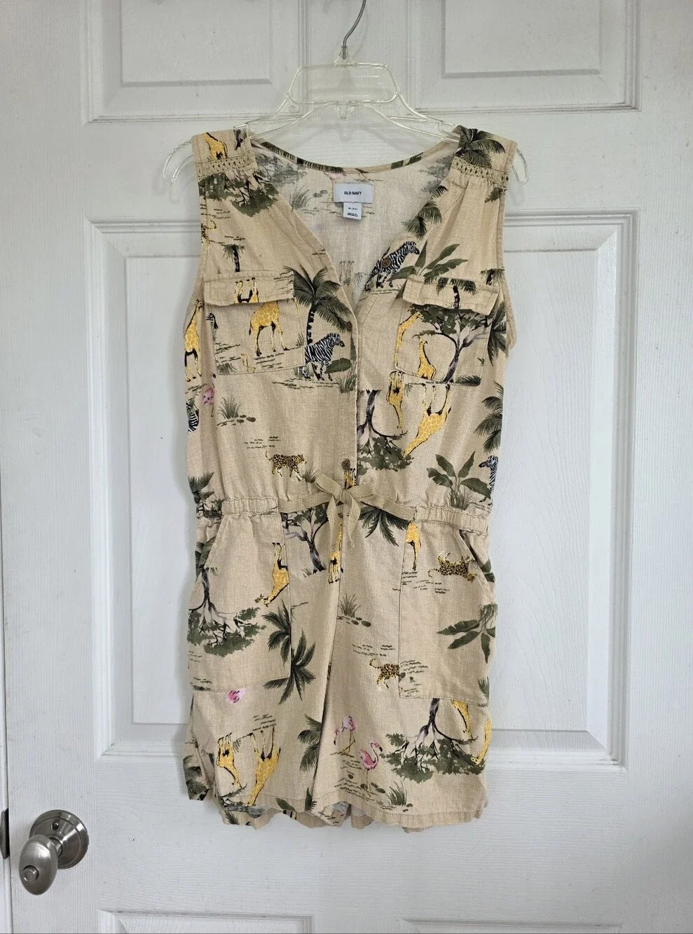 Old Navy Beige Jungle Print Sleeveless Romper with Yellow Accents.